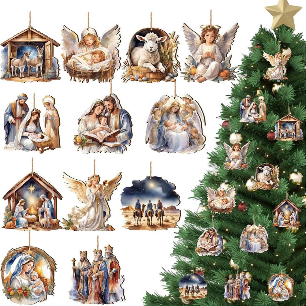 12pcs Hand-Carved Wood Nativity Ornaments for Christmas Tree