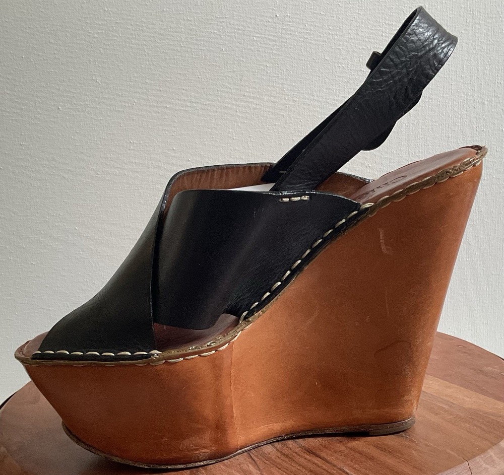 Chloe Black Leather Criss Cross Platform Wedge Sandals - Size 36  Amazing!