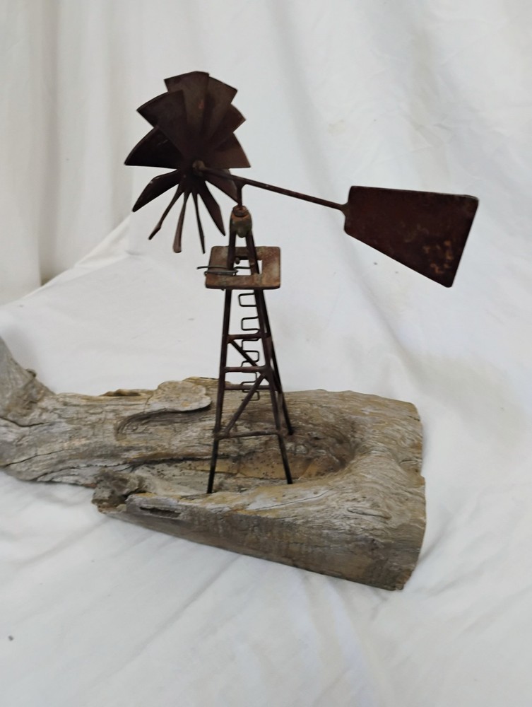 Rustic Metal Windmill Sculpture On Weathered Wooden Log Base Farmcore Art.