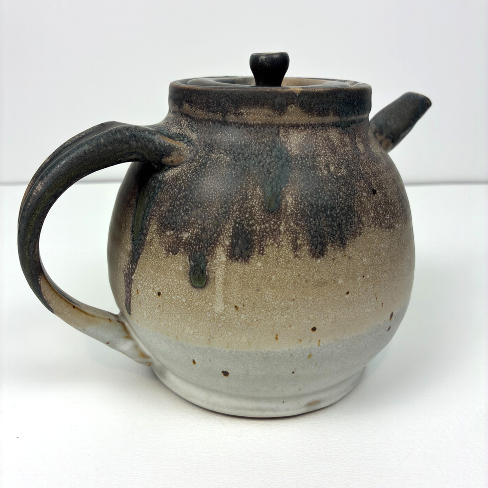 Studio Pottery Teapot Signed Gray Brown Drip Glaze 35 oz Handmade
