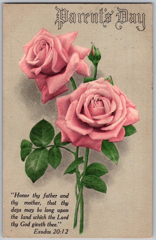 Antique Postcard Parents Day Pink Roses Newton, IL 1910s