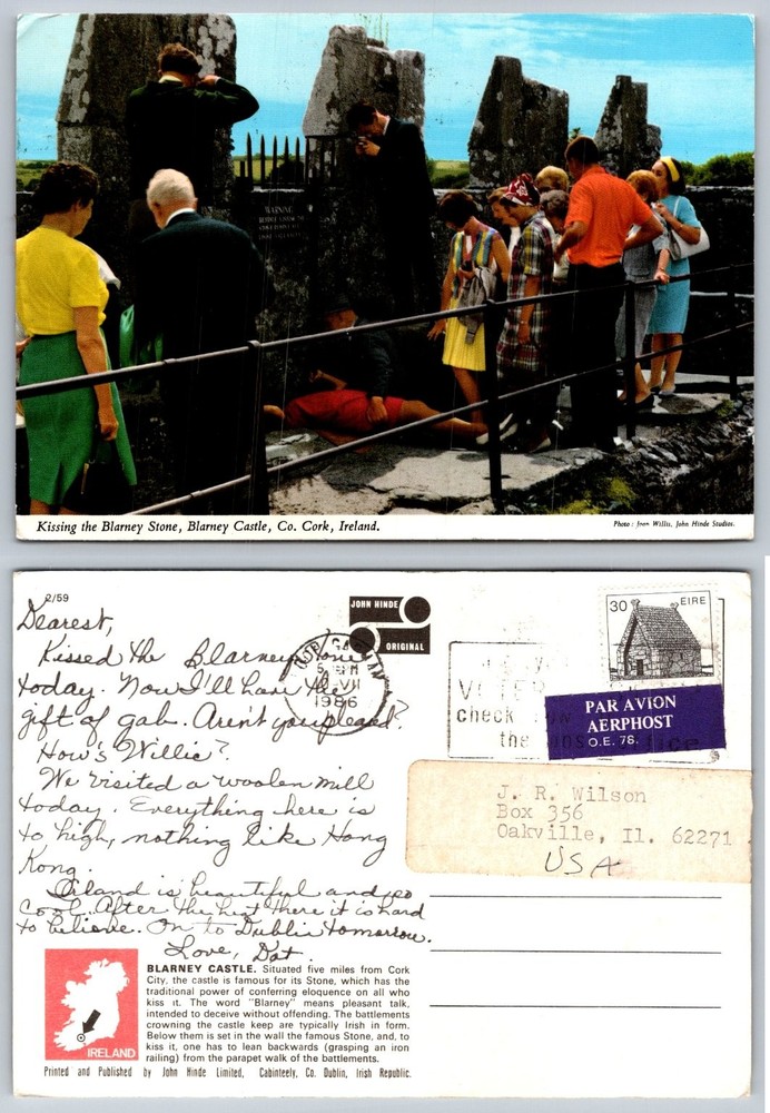 Vintage 1986 Blarney Stone Kissing Postcard Ireland John Hinde Cork Castle