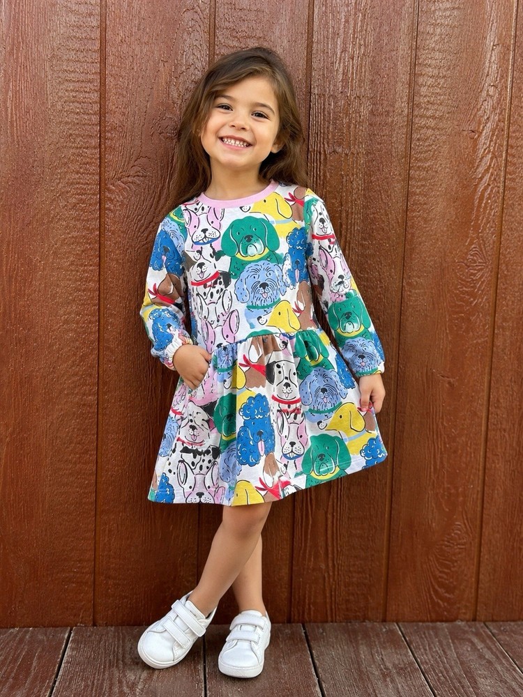 Mini Boden Pink Dog Print Sweatshirt Dress Girls Size 4-5Y Cozy Puppy Print