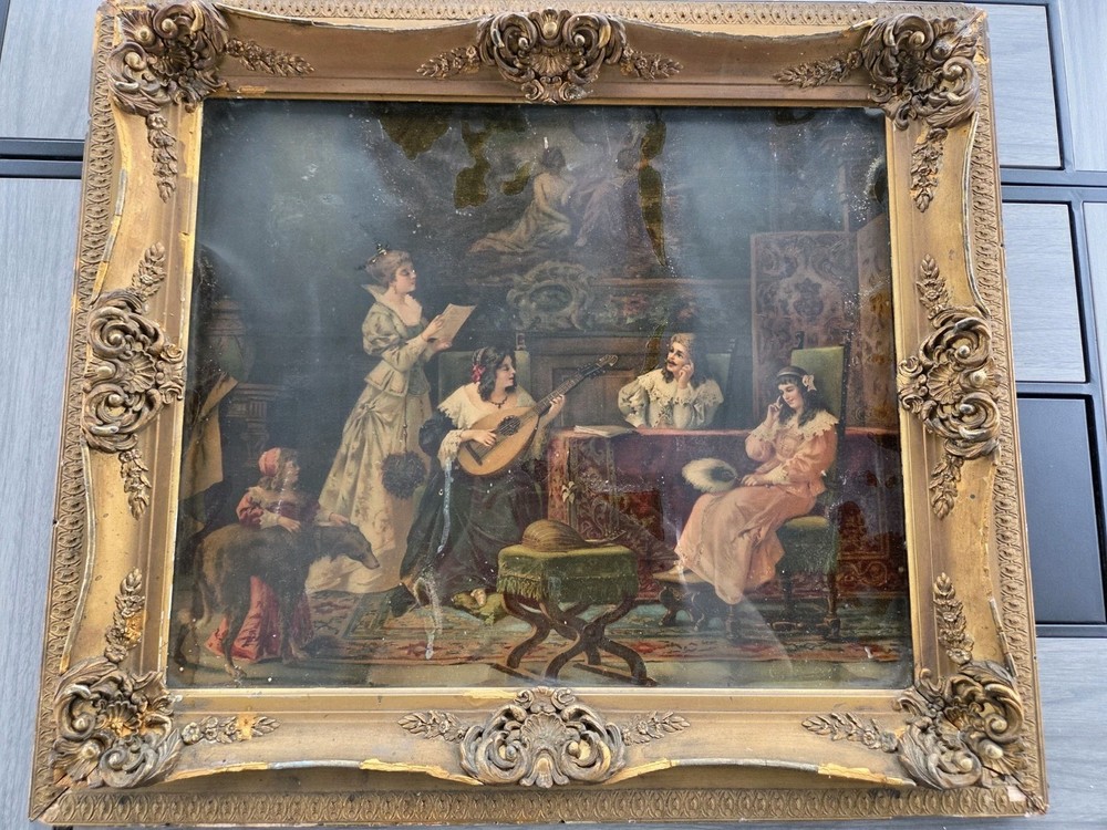 Vintage Ornate Gold Framed Romantic Victorian Print Under Glass – Large Wall Art