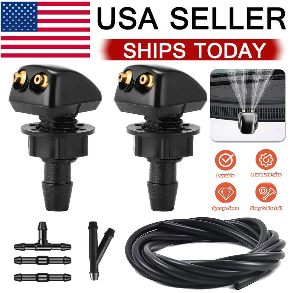 2Pc Front Windshield Washer Nozzles Wiper Water Spray Jet + 6.5ft Hose Connector