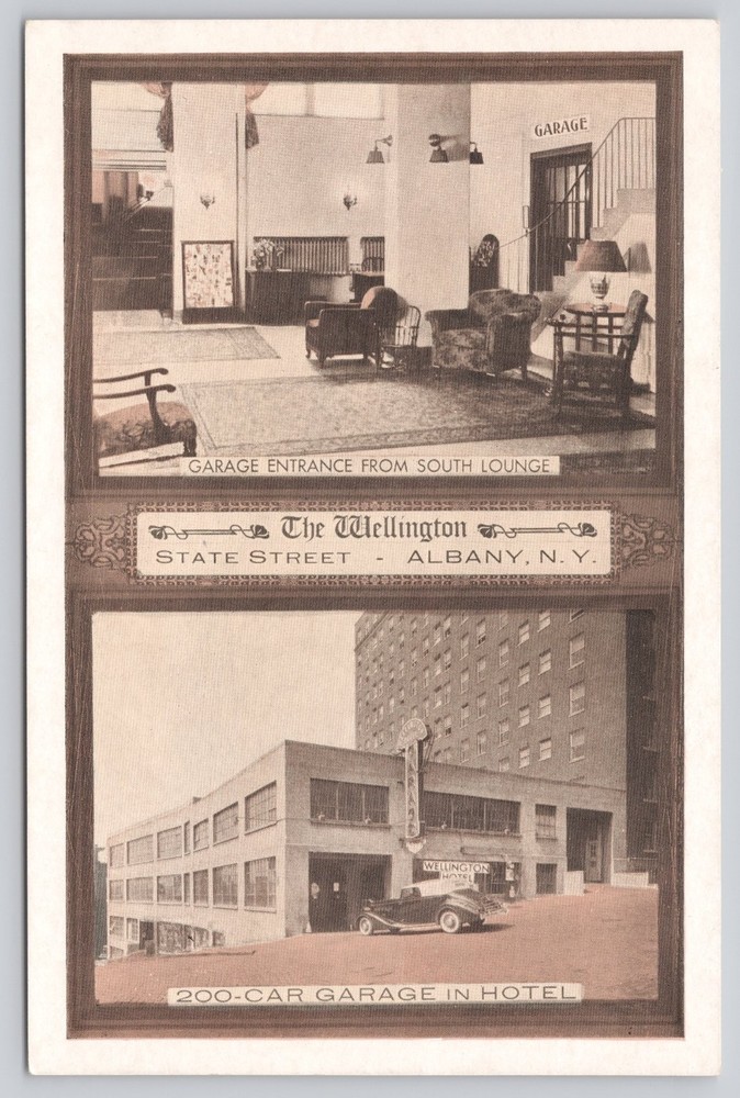 The Wellington Albany NY White Border Postcard 200-Car Hotel Garage