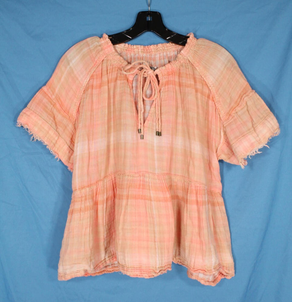 PILCRO Anthropologie GAUZE Peach PLAID Frayed Trim BETTE BABYDOLL BLOUSE/TOP S