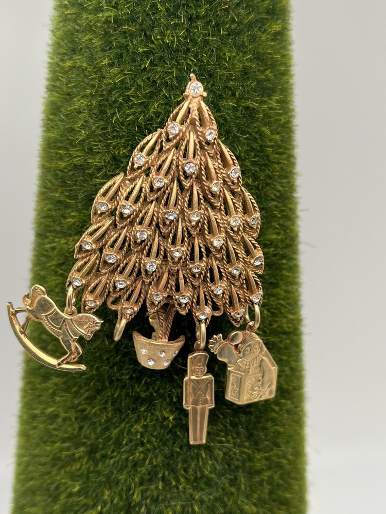 Vintage Kirk's Folly Christmas Tree Brooch Gold Tone Pin Charms Toys **Read**