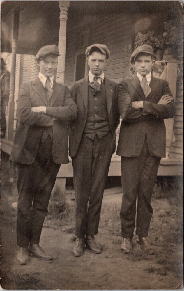 Vintage RPPC Postcard Three Young Men Dressed in dark Suits with Hat & Tie 23161