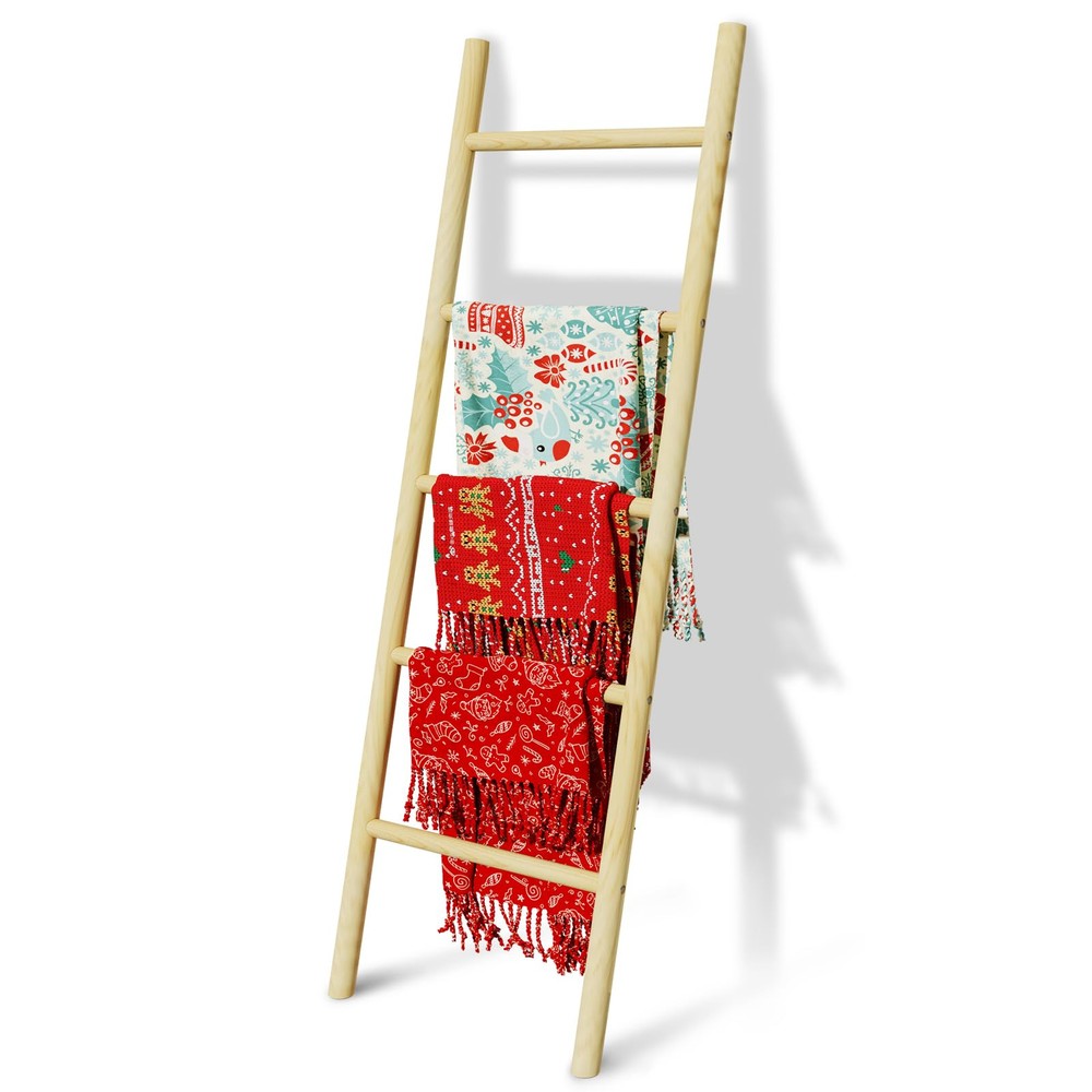Wooden Blanket Ladder, 4.8ft Throw Blanket Holder for Living Room, Bedroom, R...