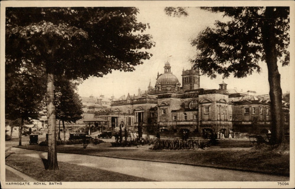 Harrogate North Yorkshire Co England Royal Baths Spa old cars vintage postcard