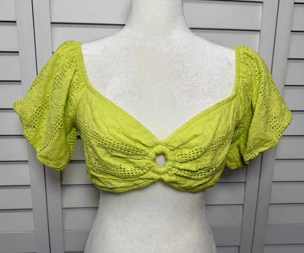Wild Fable Puff Sleeve Embroidered Eyelet Tie Back Crop Top Women’s Size Large