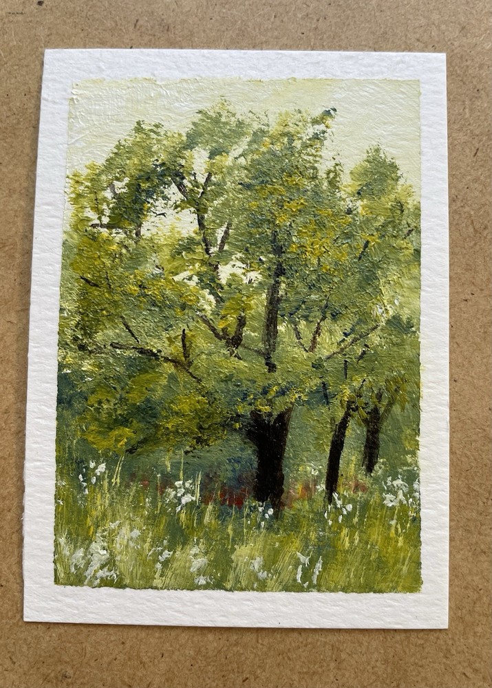 ACEO Trees Field Landscape Original Acrylic On Paper Signed Emily Daley