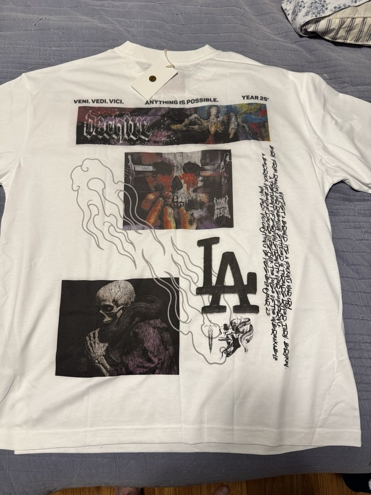 Dechire Graphic Print White Men's T-Shirt Tribal Skull Angel Size L