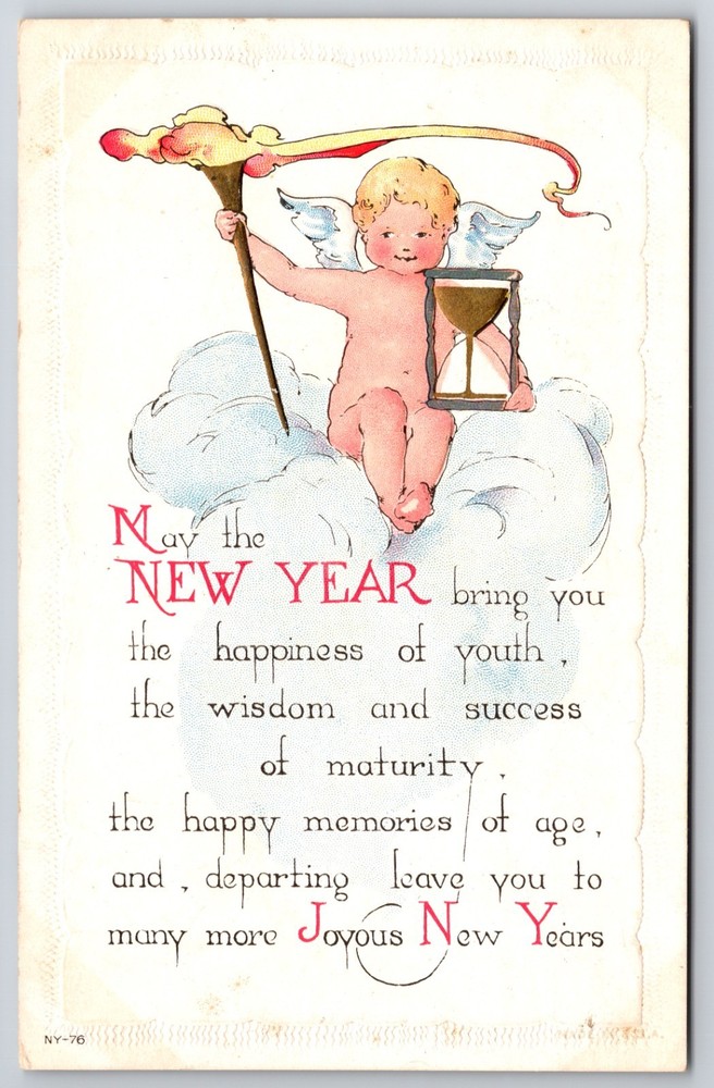 Cherub Angel on Cloud with Hourglass & Torch Joyous New Year Postcard