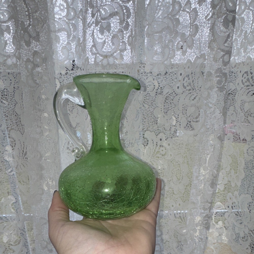 Green Crackle Glass Hand Blown Glass Pitcher Handle Round Shape Glossy Finish