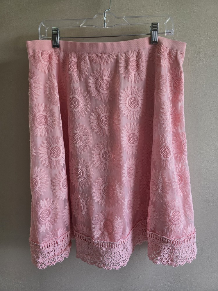 Women's Isaacmizrachi Live Lace Sheer Pink Knitted Skirt Sz 14 Lined Above Knee