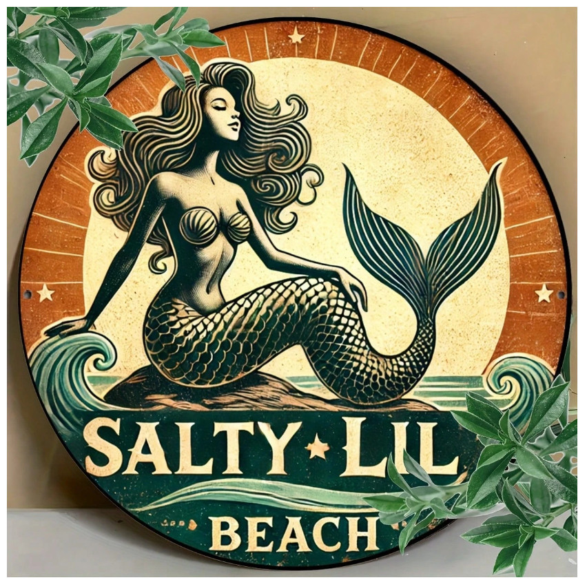 Mermaid Wall Art Decor Sign - Metal Carved, Salty Lil' Beach Vintage Round Plaqu