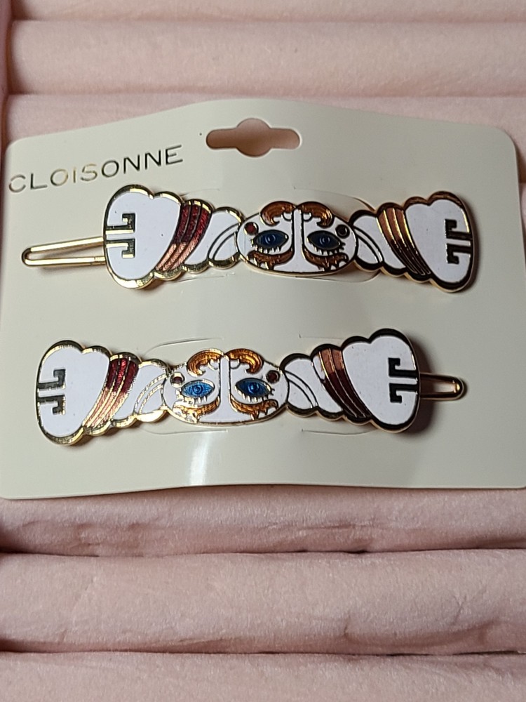 Vintage Cloisonne White Enamel Hair Clip Barrette Gold Tone Set of 2