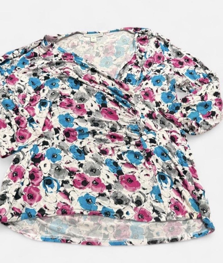 Dana Buchman Watercolor Floral Faux Wrap Blouse Top Size XL