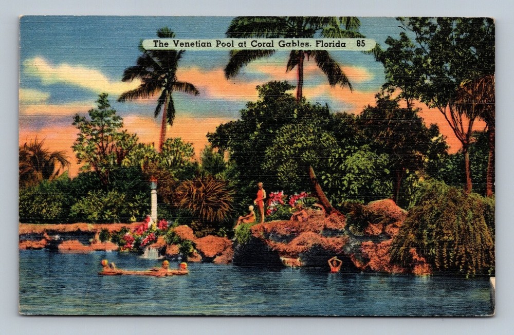 Vintage Venetian Pool Coral Gables Florida Linen Postcard Tropical Scene