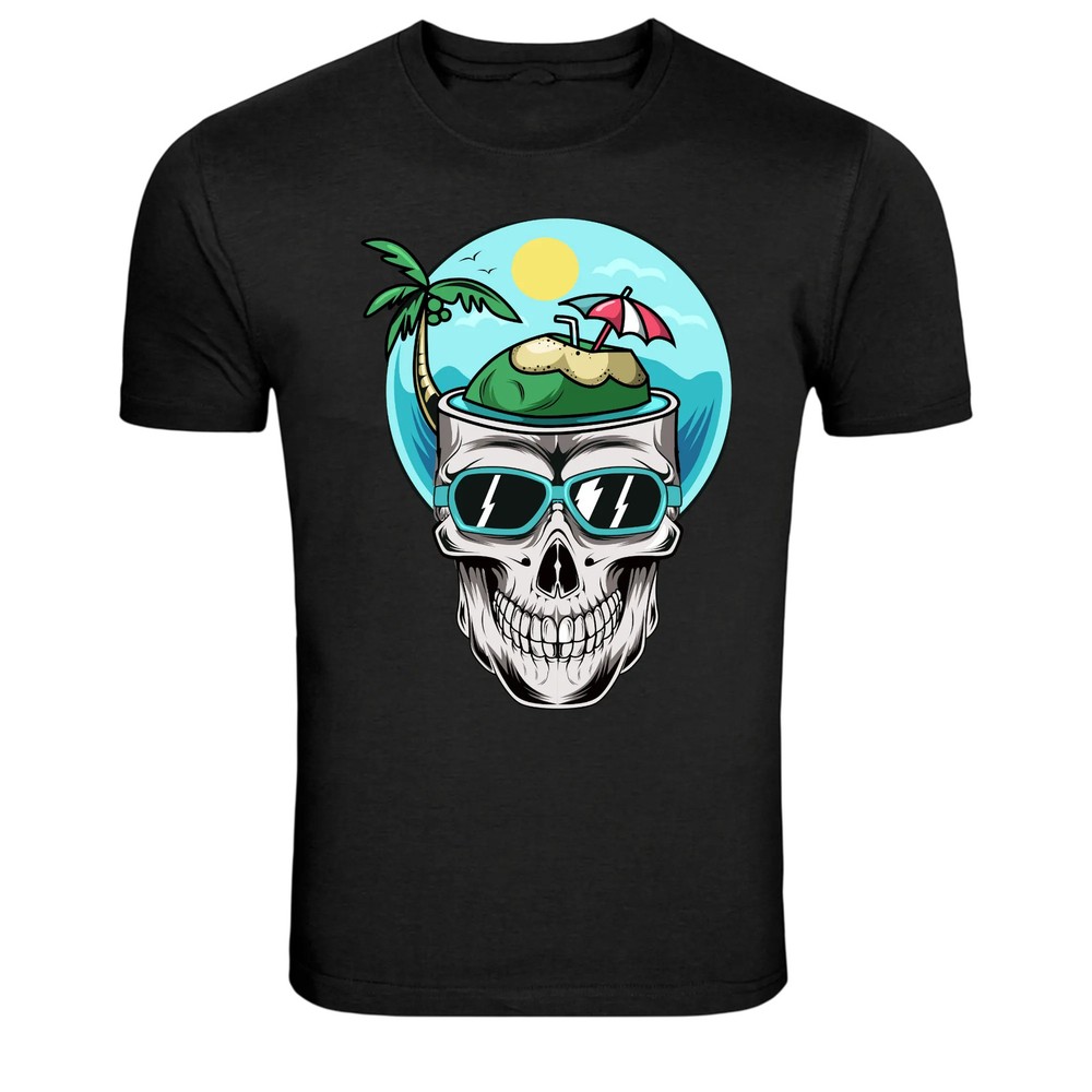Tropical Skull Waves Sunset Summer Vibes Graphic T-Shirt