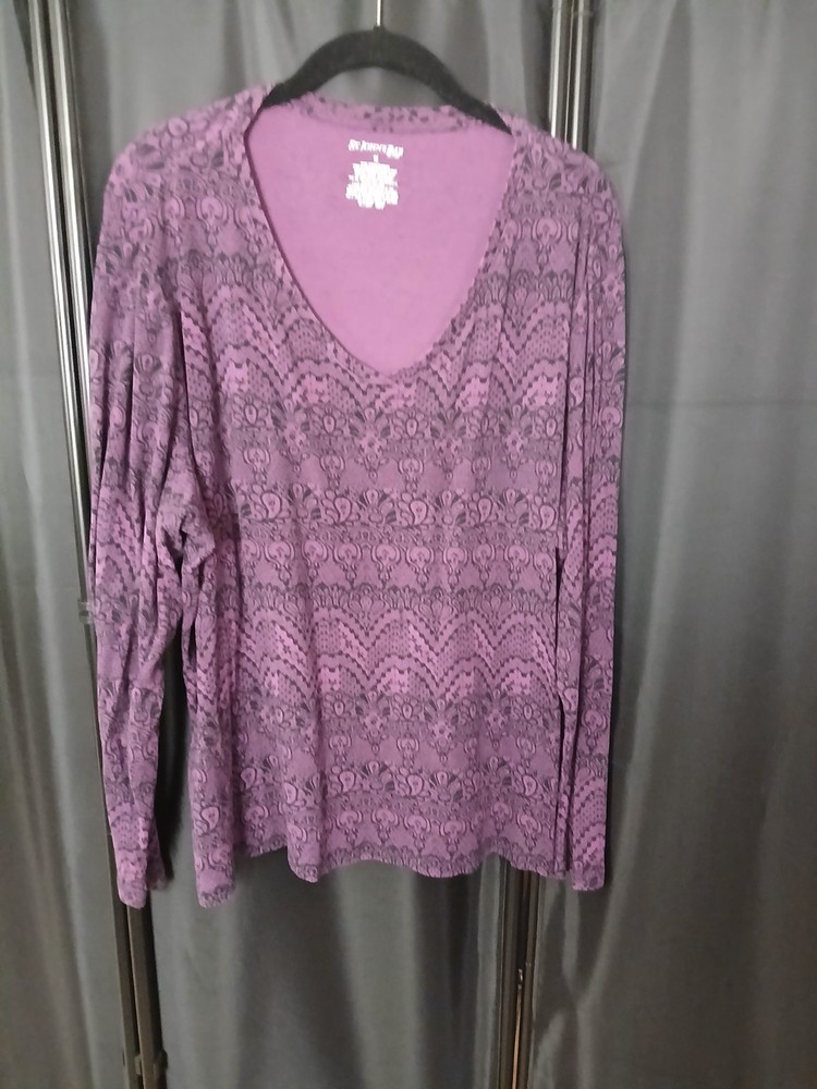 St. John's Bay Geometric Knit Top 1X Purple Black V-Neck Long Sleeve Cotton