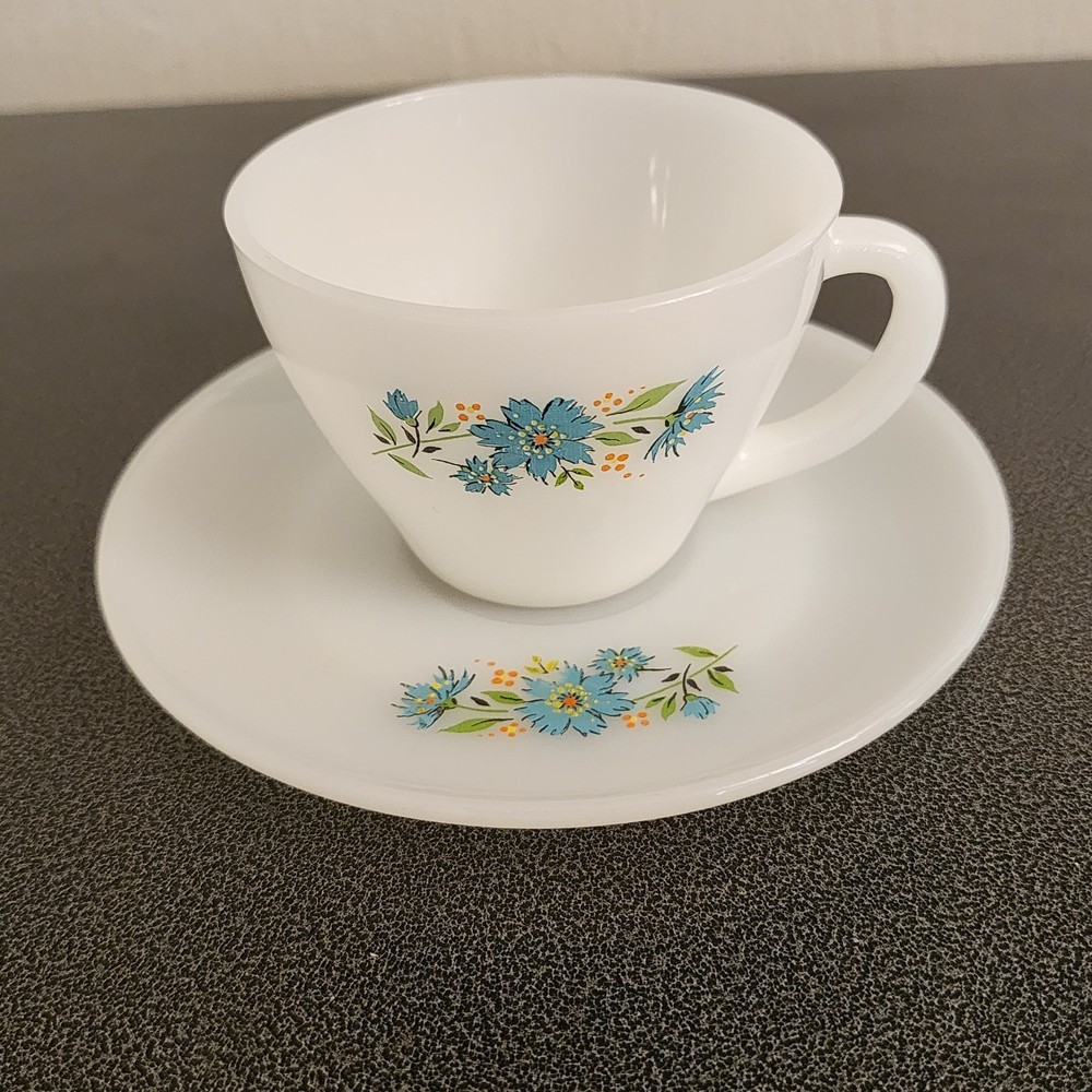 vintage fire king anchor hocking blue floral pattern tea cup and saucer