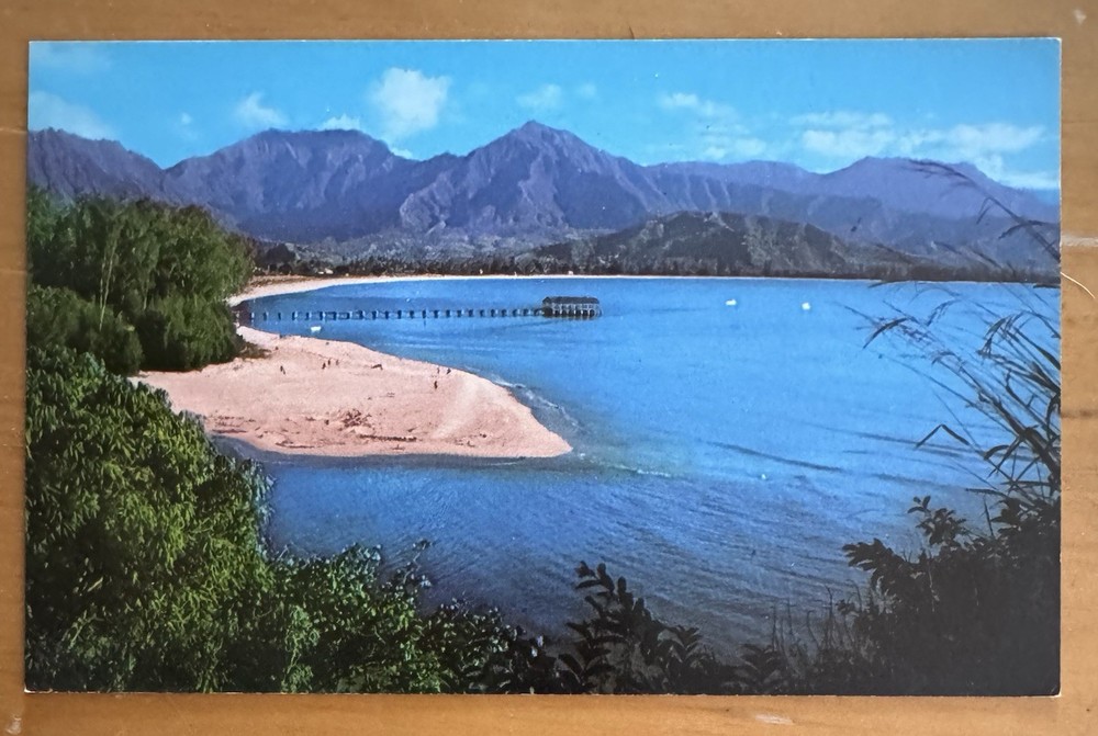 Vintage Postcard Hanalei Bay Island Kauai Hawaii Ocean Pier Mountain View