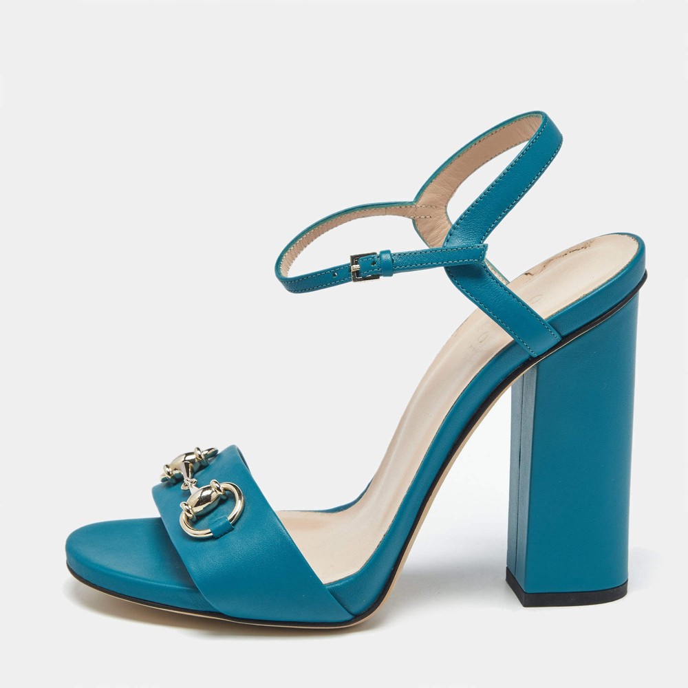 Gucci Blue Leather Horsebit Ankle Strap Sandals Size 375