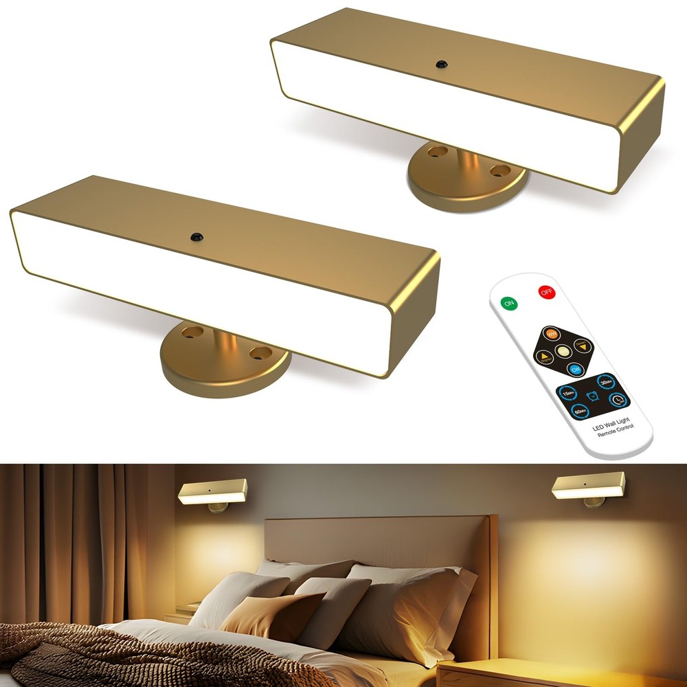 Battery Powered Wall Sconce Lights Set of : Gold Rechargeable Wall Lights wit...