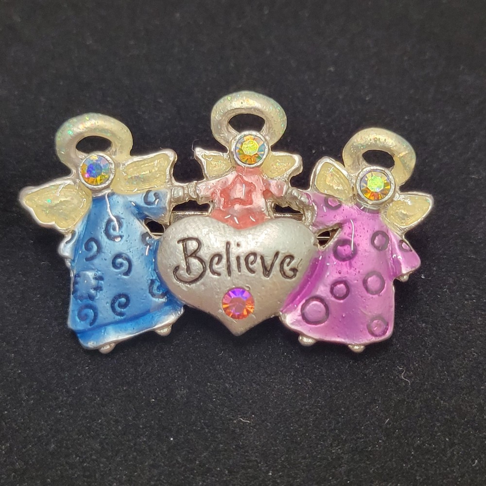 Vintage AJMC Signed Believe Angels Enamel Silver Tone Brooch pin