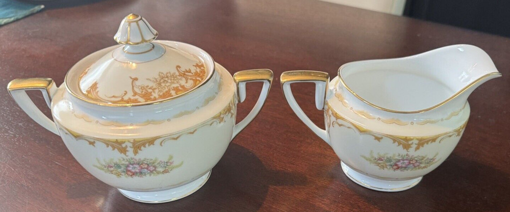 Vintage Noritake M Japan China Floral Sugar Bowl w Lid & Creamer w Gold Trim