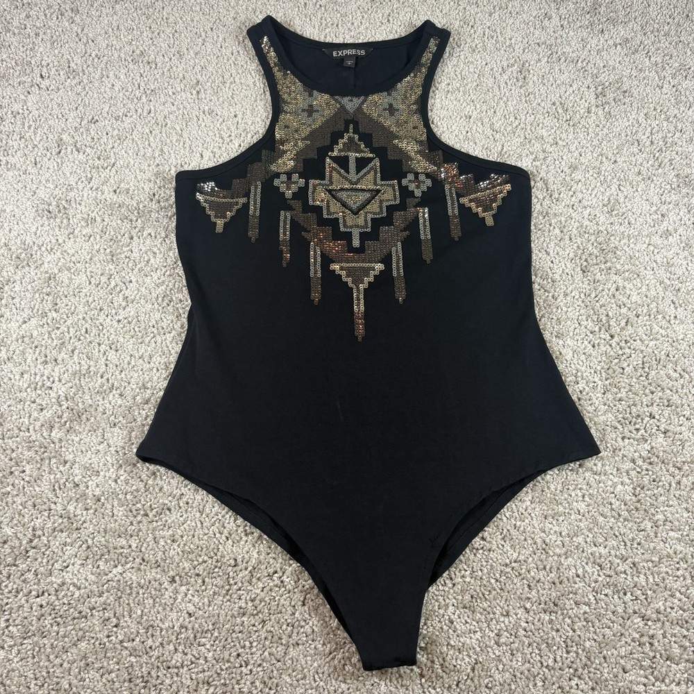 Express High Neck Racerback Sequin Aztec Bodysuit Black Small