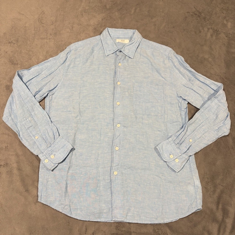 Uniqlo Shirt Mens Medium Blue 100% Linen Button Up Long Sleeve Lightweight
