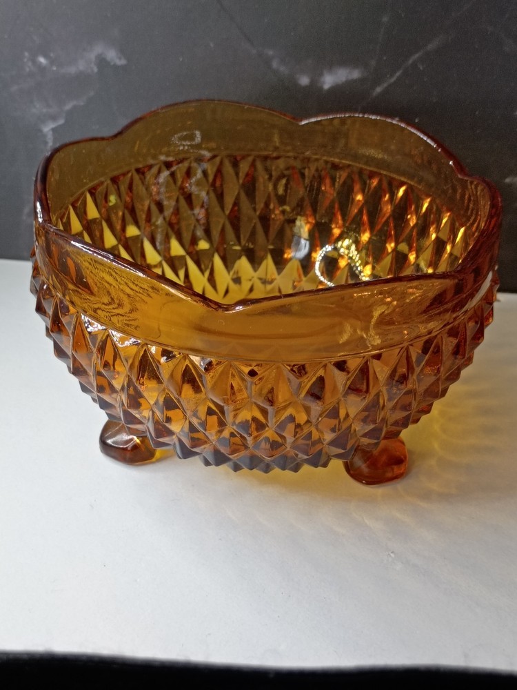 Indiana Glass Amber, Diamond Point, 3 Footed Candy Nut Dish Bowl 4.75x3.25 VTG