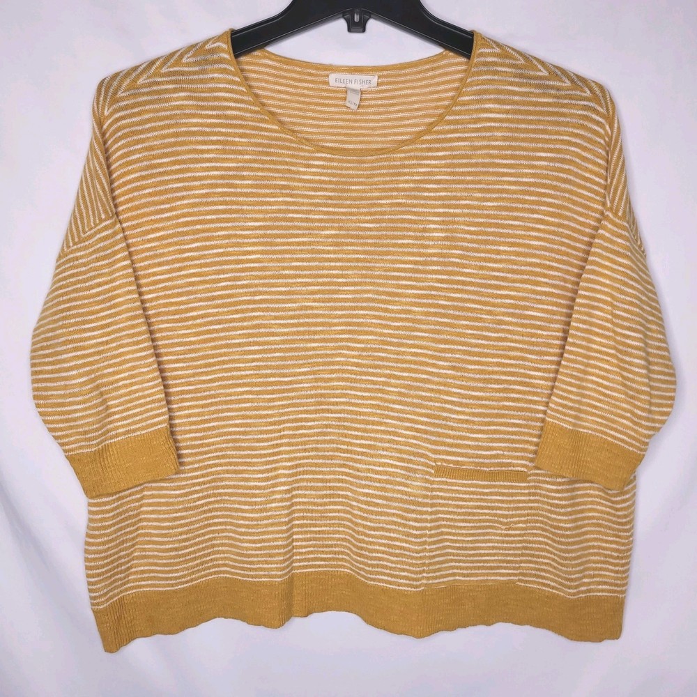 Eileen Fisher Top XS Striped Yellow, White Boxy Linen Cotton Blend