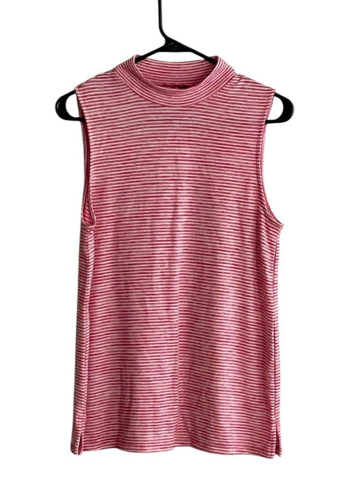 Banana Republic Sleeveless Knit Top Red White Striped Mock Neck Medium Layering
