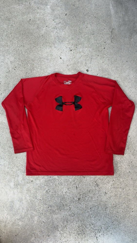 Under Armour Boys YLG Red Black HeatGear Loose Crew Neck Long Sleeve T-Shirt