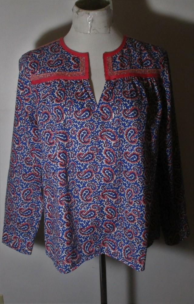 J. CREW Blue Paisley Long Sleeve V-Neck Top Women's Size S