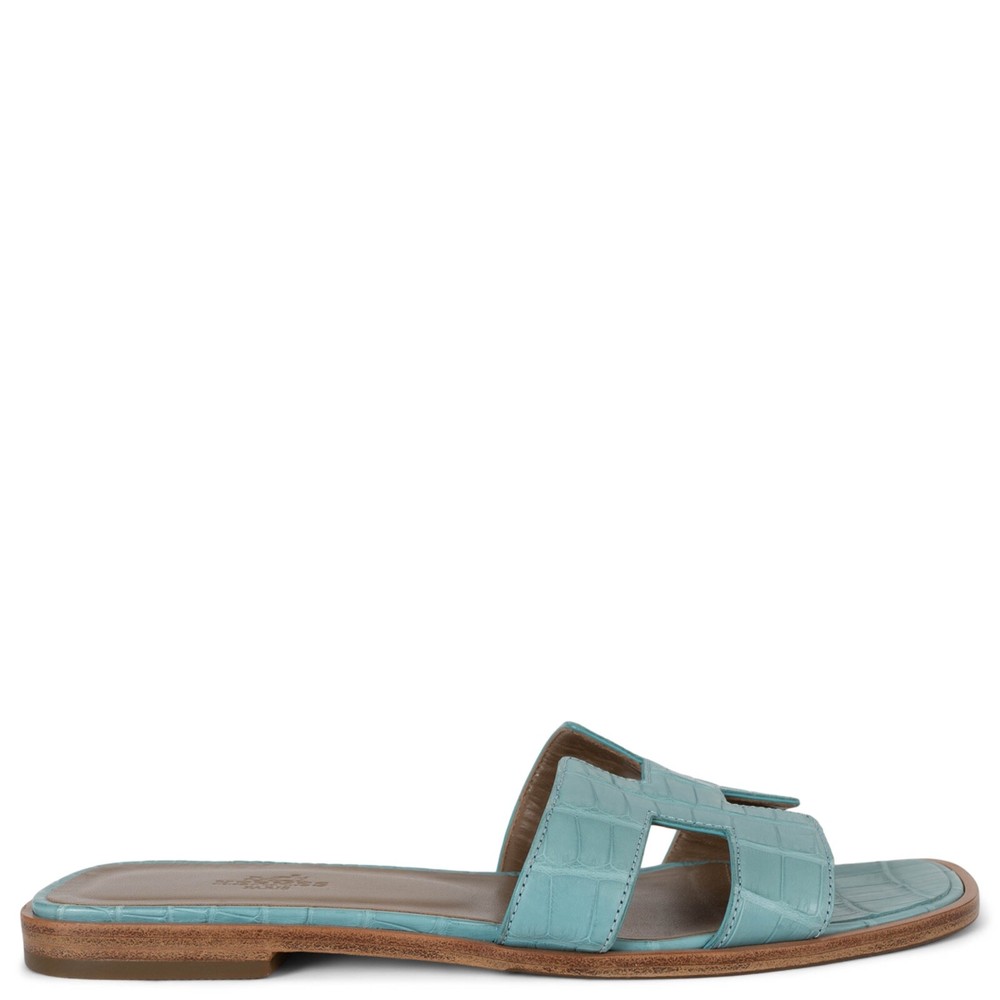HERMES Saint Cry blue matte croc Oran sandals size 38 luxury leather