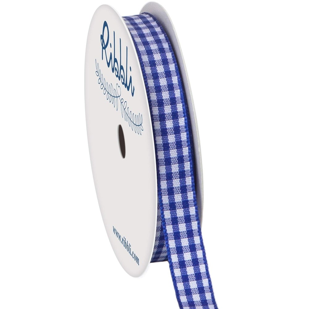 Electric Blue White Gingham Polyester 100% Woven Edge 3/8 Inch Ribbli Ribbon