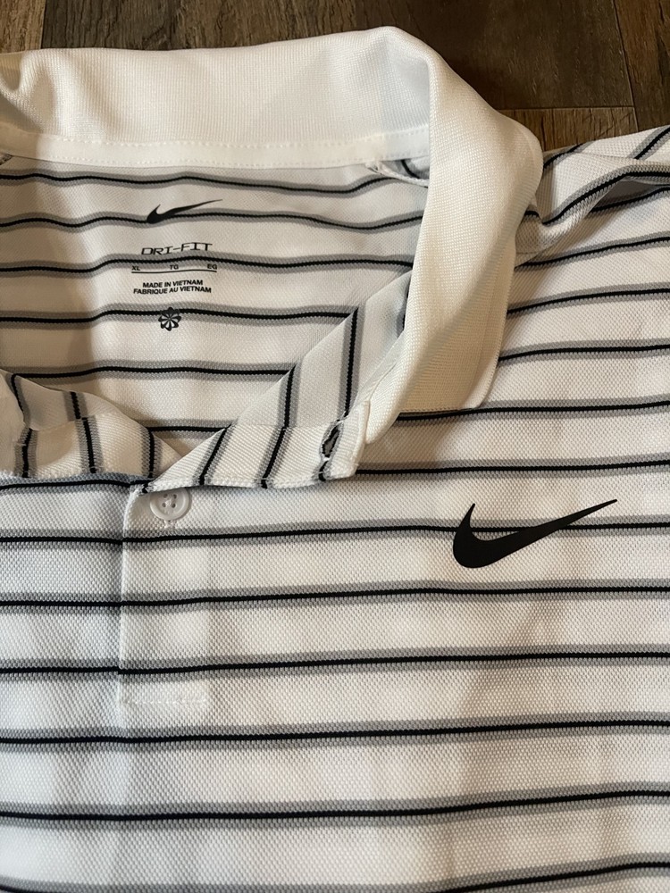 Nike Golf Polo Shirt Mens XL White Black Striped Dri-FIT Performance Athletic