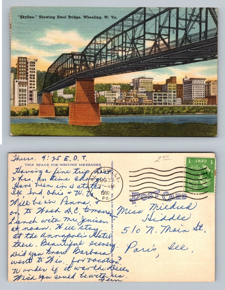 Wheeling, WV-West Virginia, Skyline Steel Bridge Scene c1950 Vintage Postcard