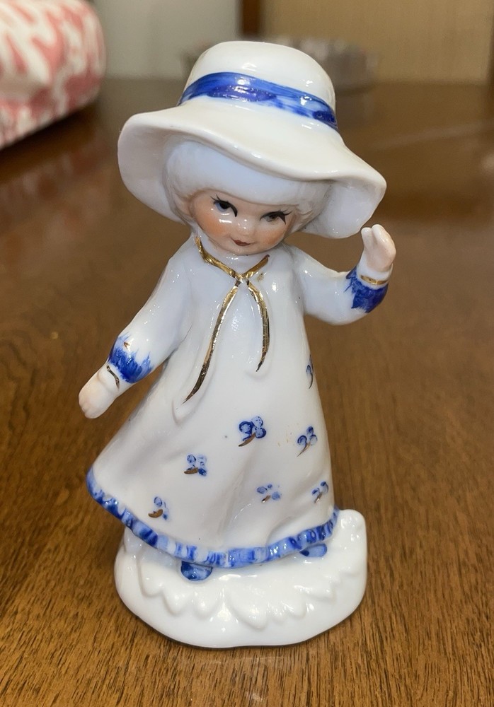 Ceramic Girl Figurine White Blue Dress Floral Pattern Glossy Finish