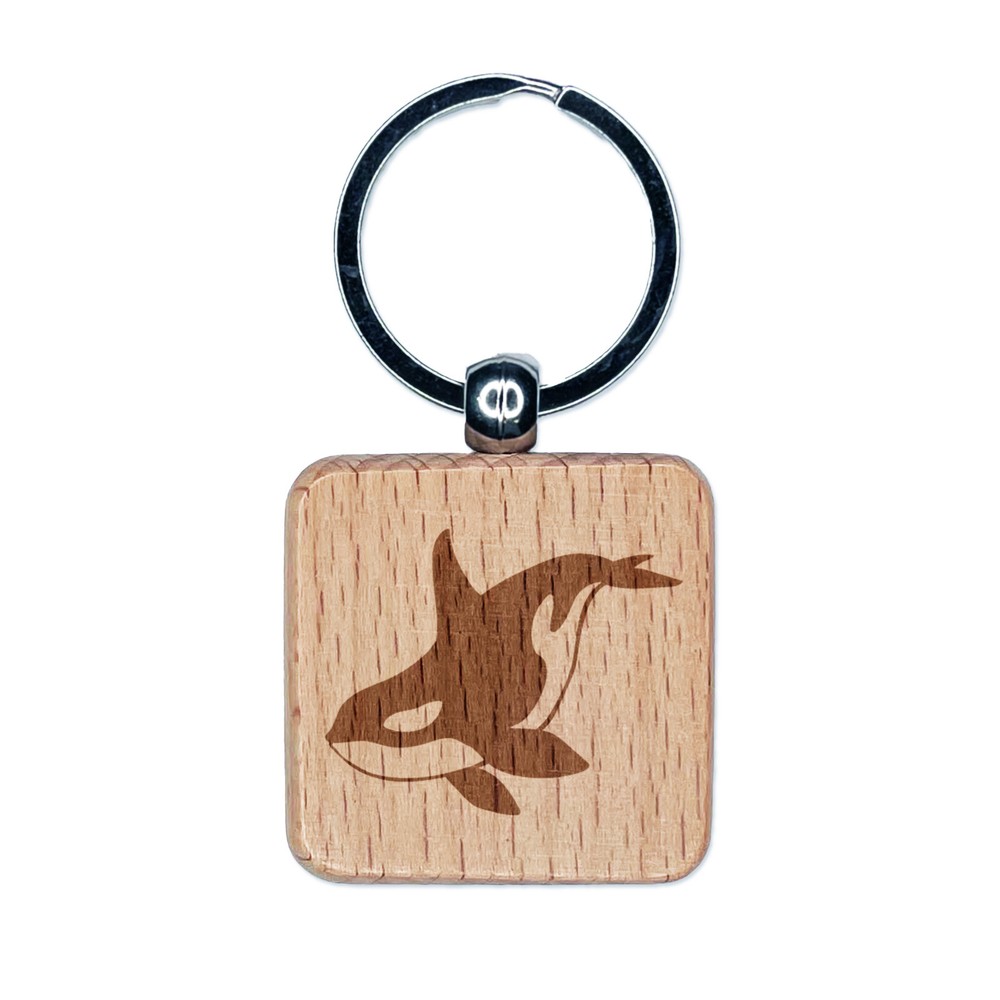Majestic Orca Killer Whale Engraved Wood Square Keychain Tag Charm