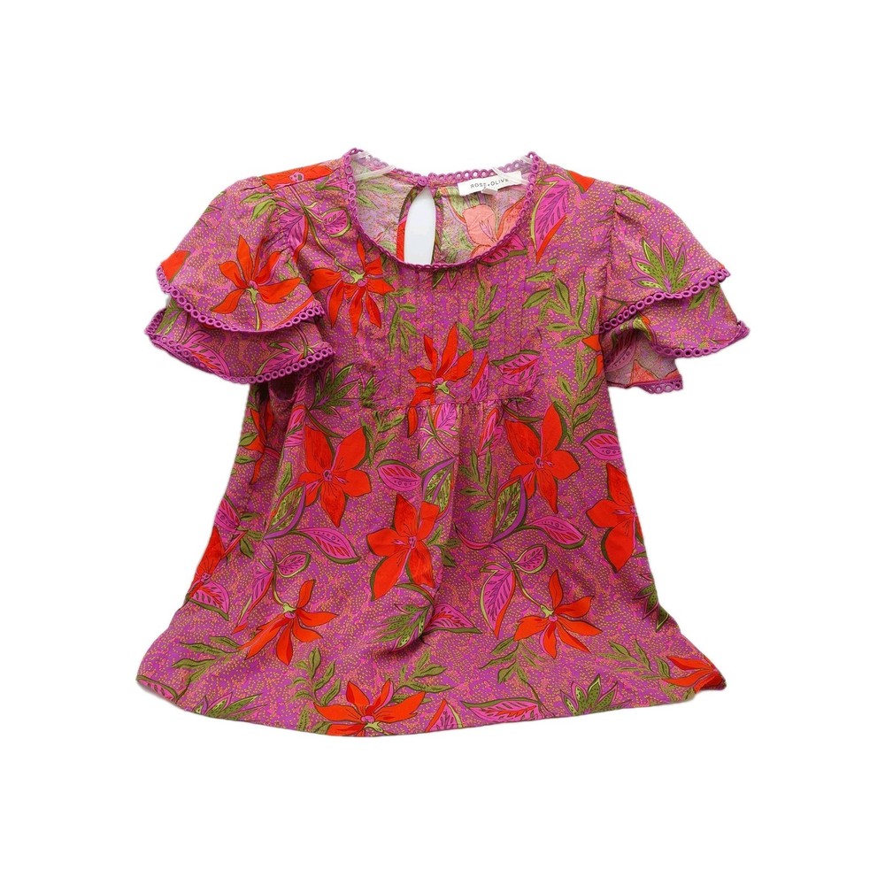 Rose + Olive Ruffle Blouse Size Medium Pink Floral Short Sleeve