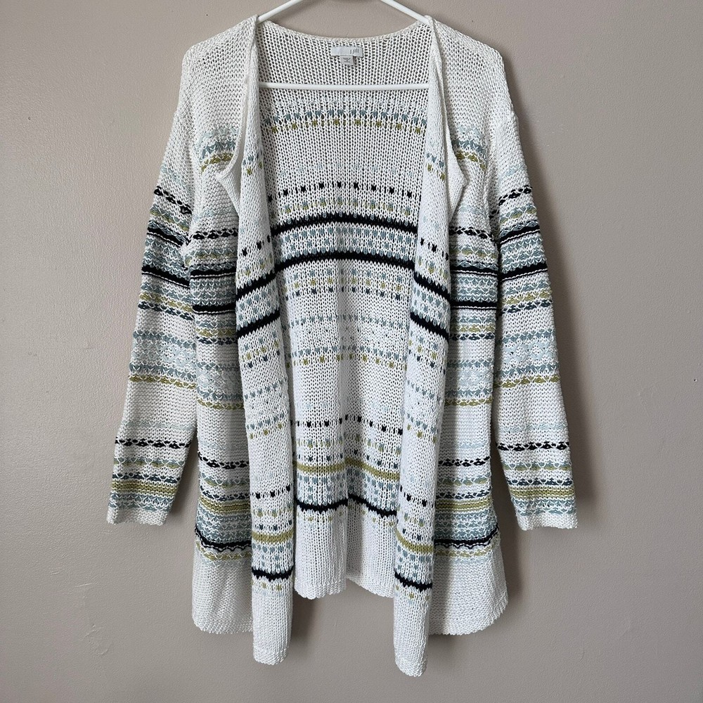 J Jill Womens MP Sweater Cardigan White Green Blue Striped Open Front Duster