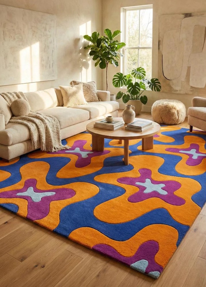 Hand Tufted Wool Modern Colorful Orange, Blue, Pink Area Rug, Handmade Carpet.