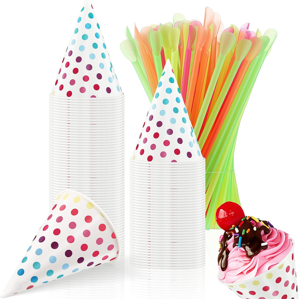 Disposable Snow Cone Cups and Spoon Straws Set Colored Polka Dot Leakproof Cone